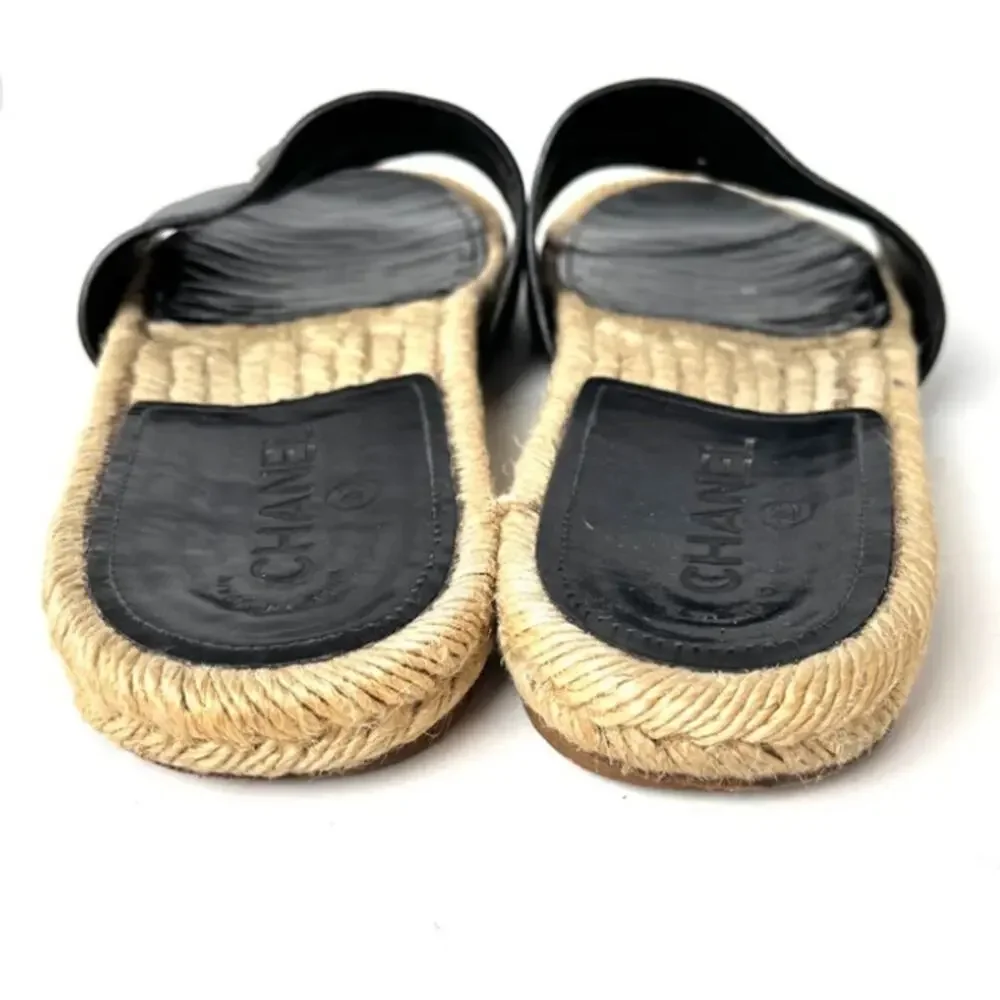 CHANEL 2017 Espadrille Black CC Logo Leather Slip on Slides Sandals 41 11 10.5 - Picture 5 of 9